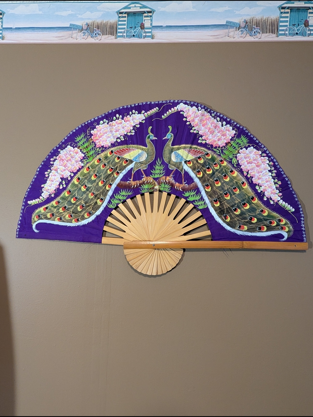 Hand-Painted Mid-century Purple Peacock Fan Wall Art. Bamboo Frame. Boho.